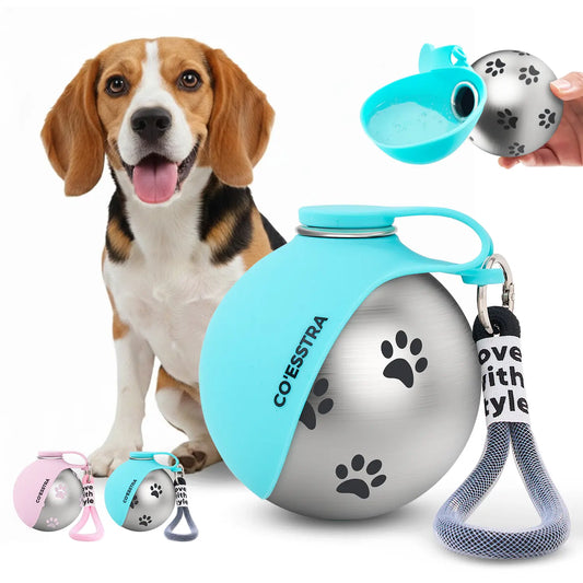 Stainless Steel Pet Water Bottle with Drinking Basin – 285ml Leak‑Proof Travel Bottle for Dogs & Cats
