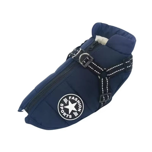 Large Winter Dog Jacket with Built‑In Harness – Waterproof Coat for Big & Small Breeds